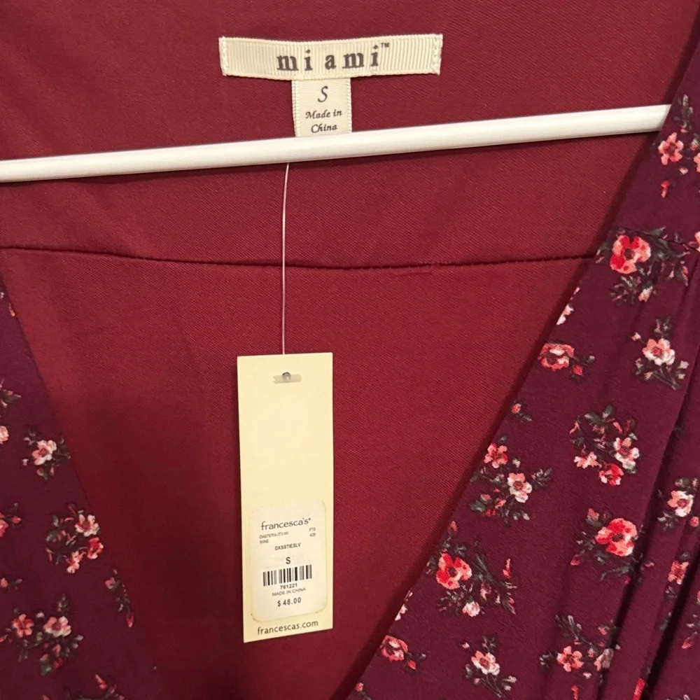 Francesca’s Burgundy Floral Wrap Dress - Picture 2 of 8
